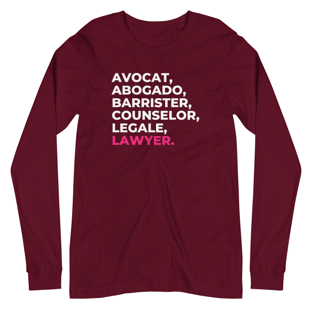 Lawyer Tee by THE COUNSELLE COLLECTION - Jersey t-shirt featuring various translations of the word "LAWYER."