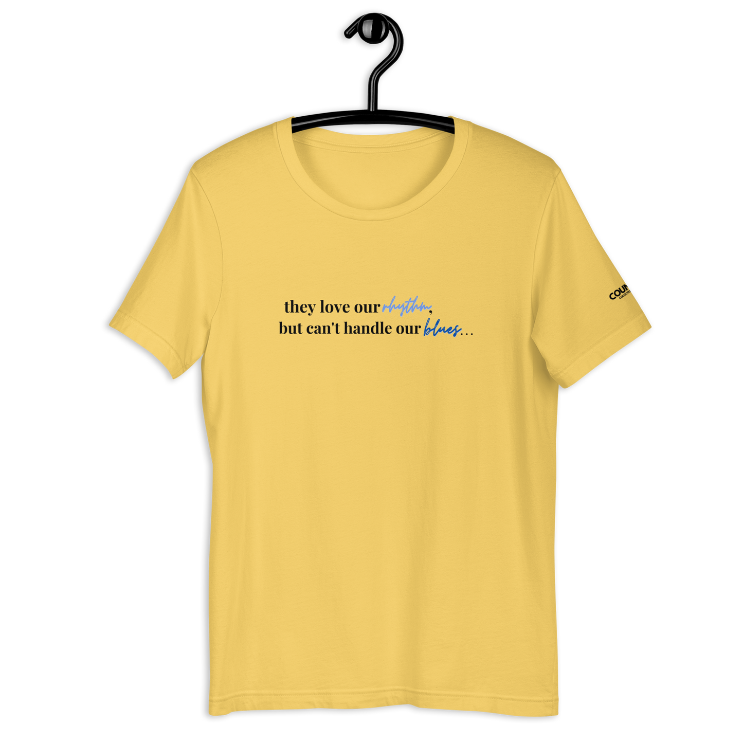 R+B Tee by THE COUNSELLE COLLECTION - T-shirt featuring the slogan "They love our rhythm but can't handle our blues", supporting #BlackLivesMatter movement